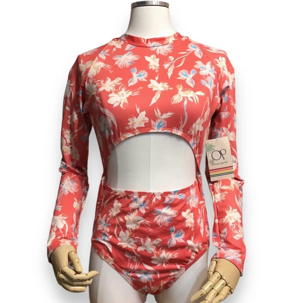 OP OCEAN PACIFIC Orange Floral Cut-Out One Piece Swimsuit